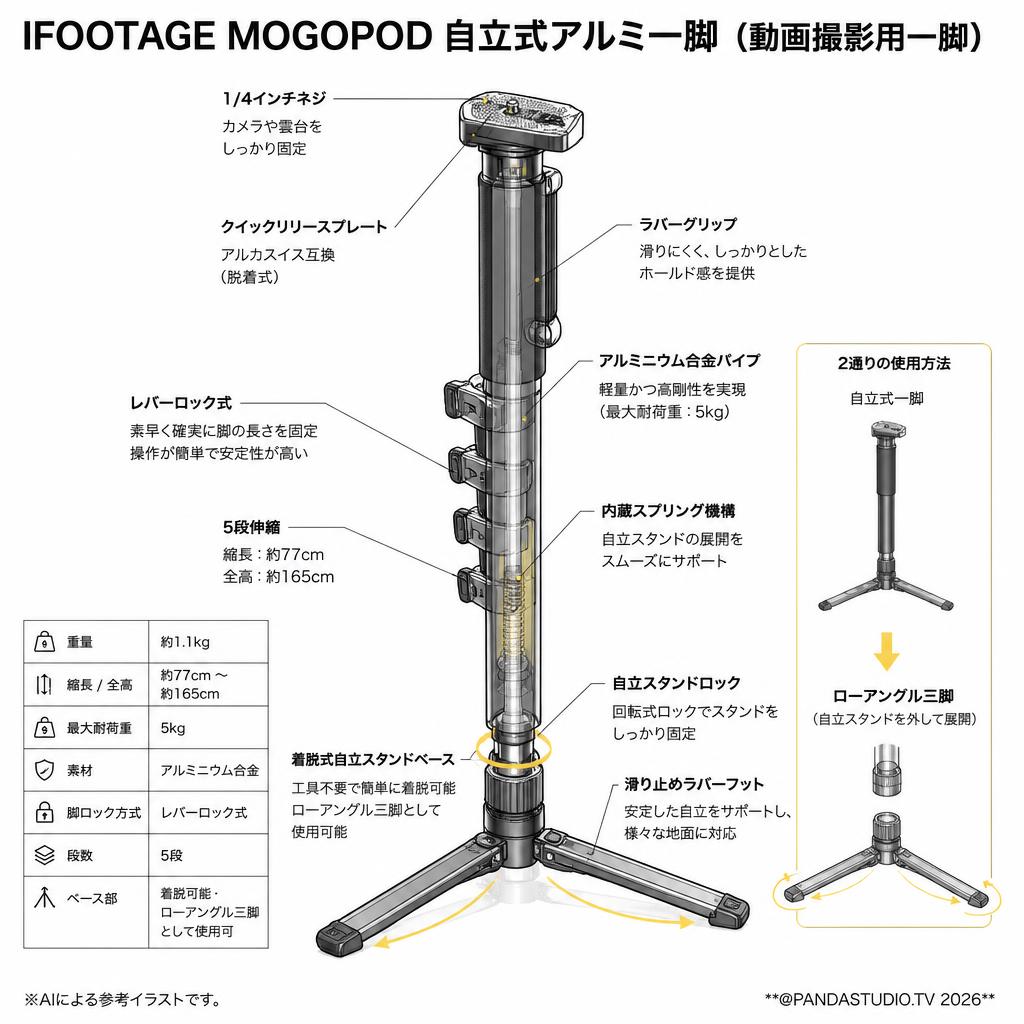 IFOOTAGE MOGOPOD自立式アルミ一脚 （動画撮影用一脚） スペック