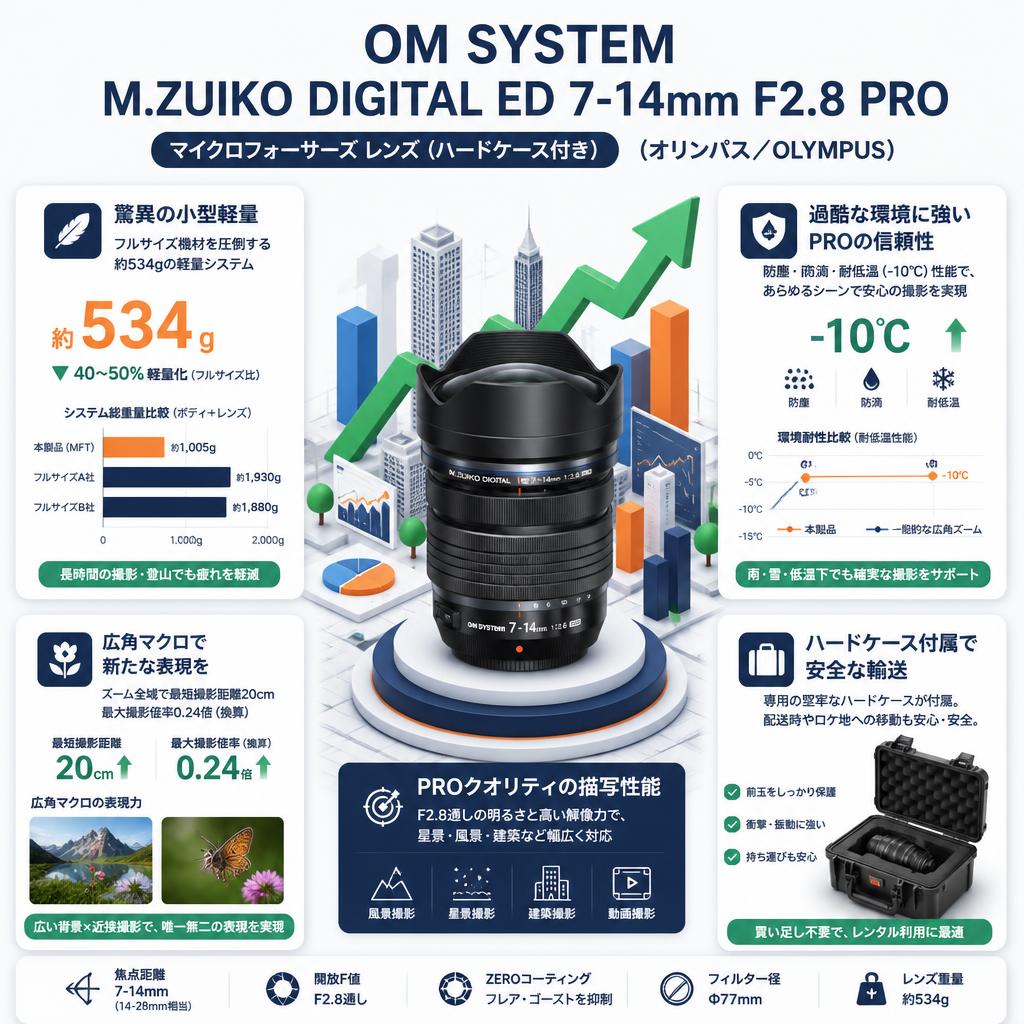 OM SYSTEM  M.ZUIKO DIGITAL ED 7-14mm F2.8 PRO マイクロフォーサーズ レンズ(ハドケス付き) (オリンパス/ OLYMPUS) セールスポイント