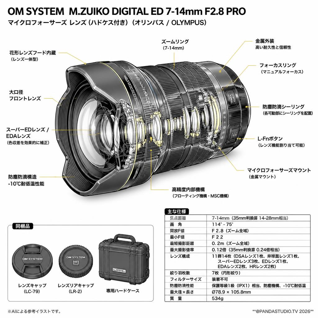 OM SYSTEM  M.ZUIKO DIGITAL ED 7-14mm F2.8 PRO マイクロフォーサーズ レンズ(ハドケス付き) (オリンパス/ OLYMPUS) スペック