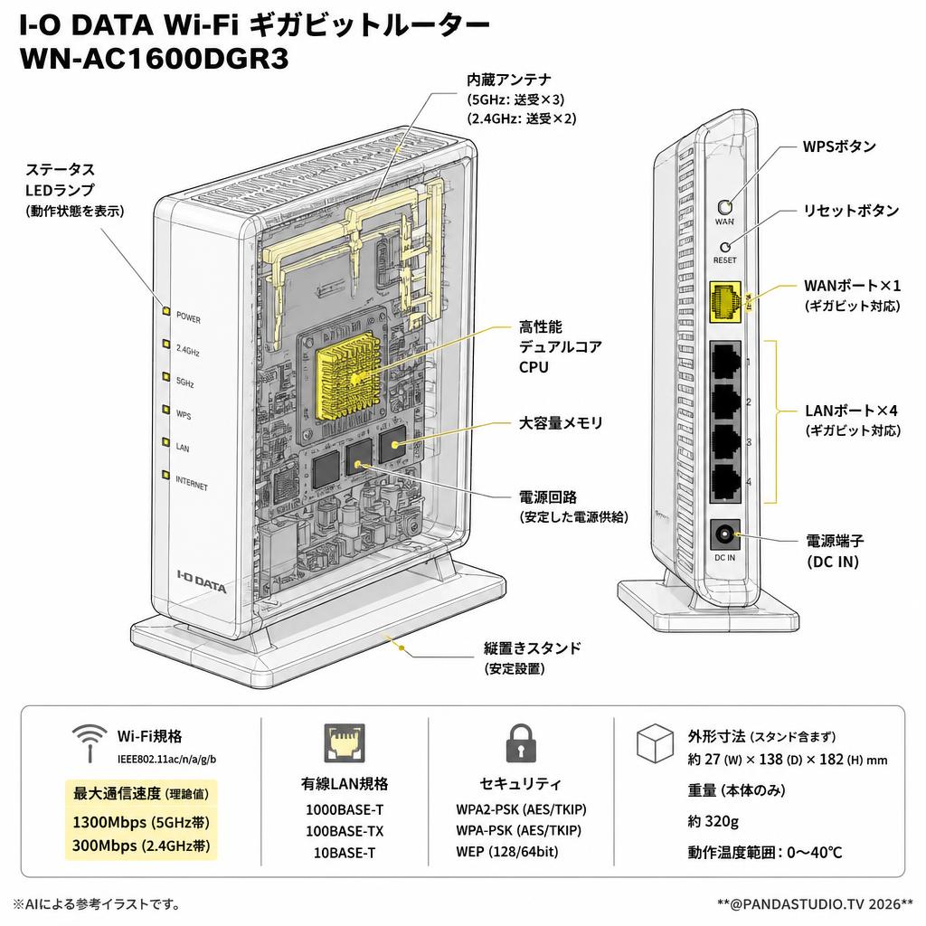 I-O DATA Wi-Fi Gigabitルーター WN-AC1600DGR3 スペック