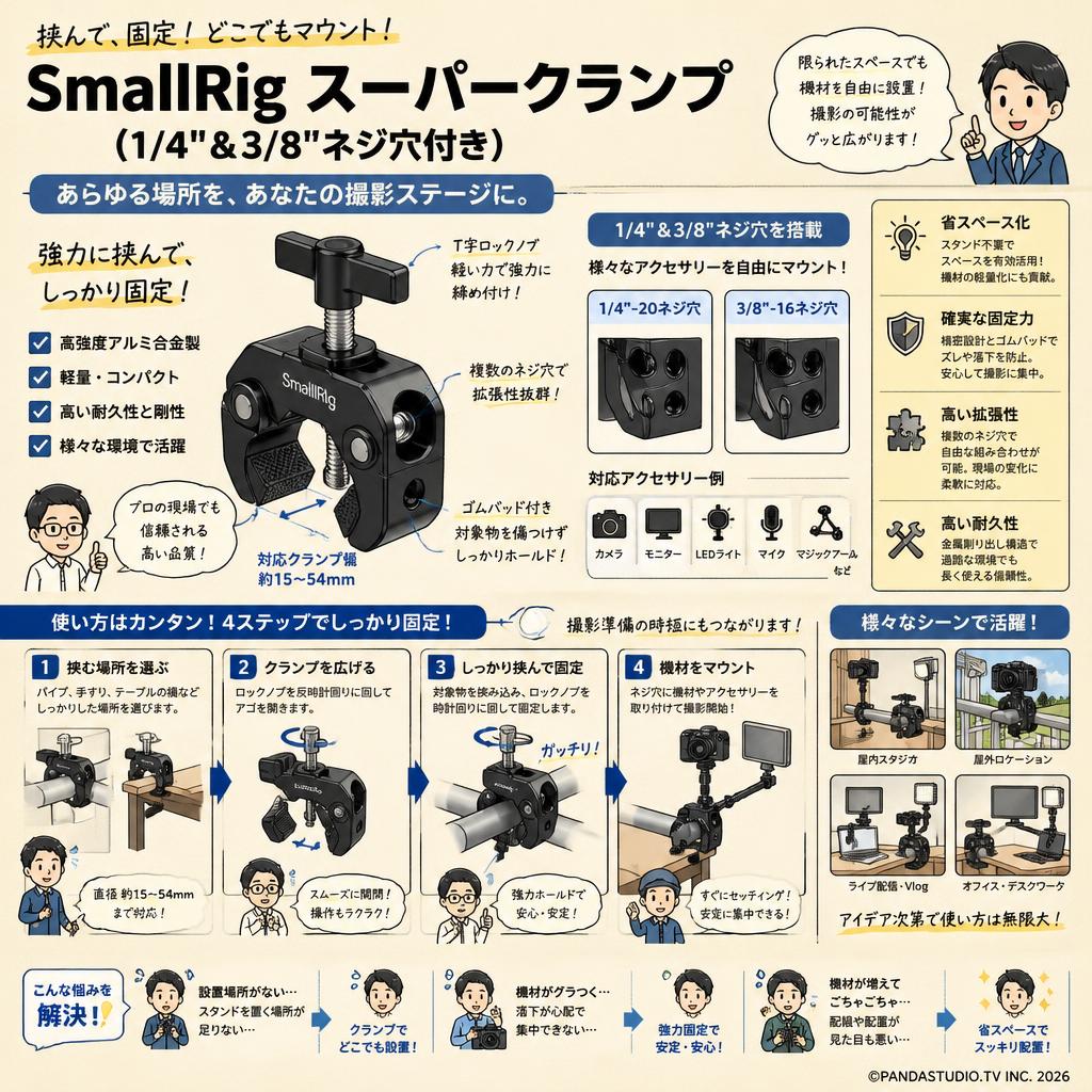 SmallRig スーパークランプ（1/4 "＆3/8"ネジ穴付き） 概要