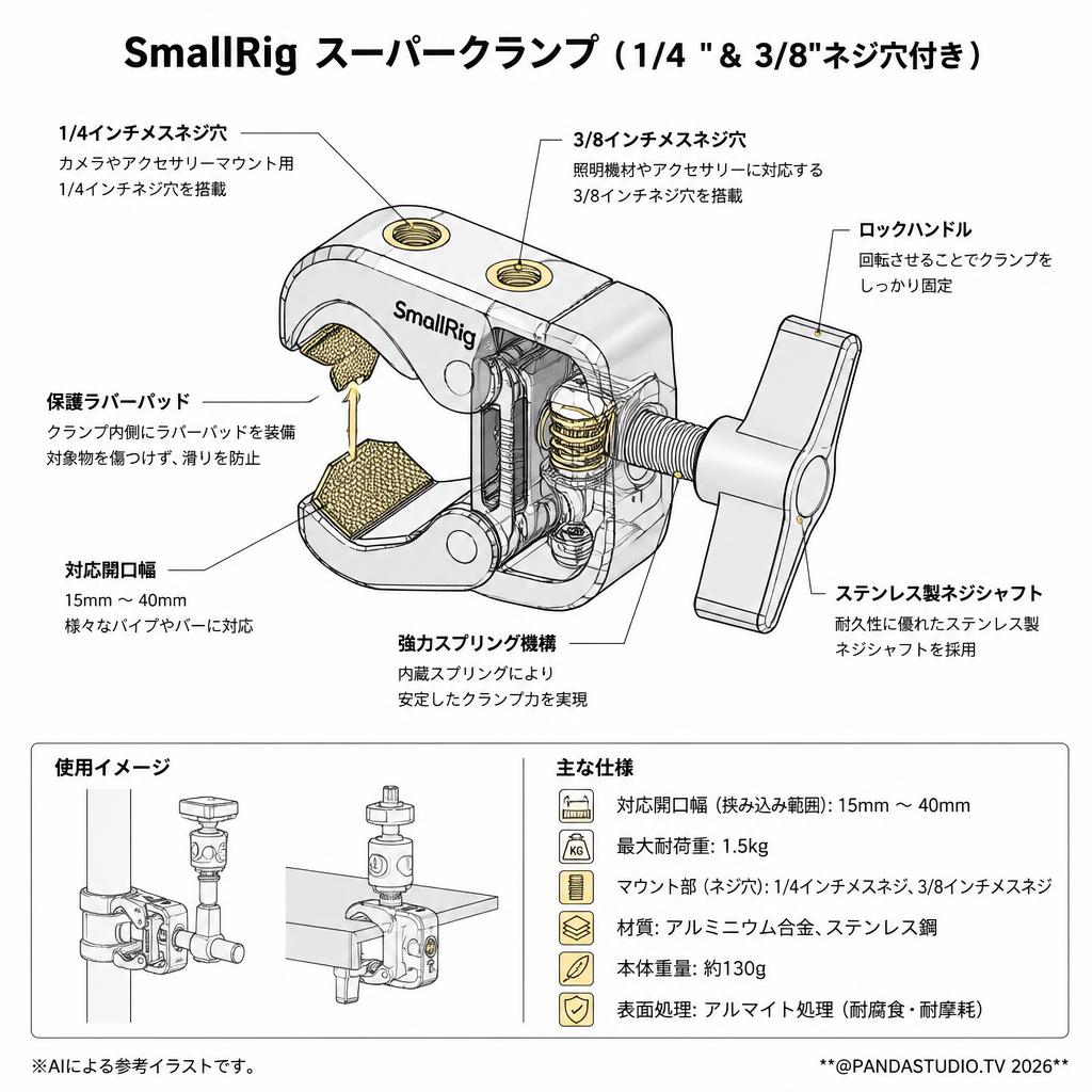 SmallRig スーパークランプ（1/4 "＆3/8"ネジ穴付き） スペック