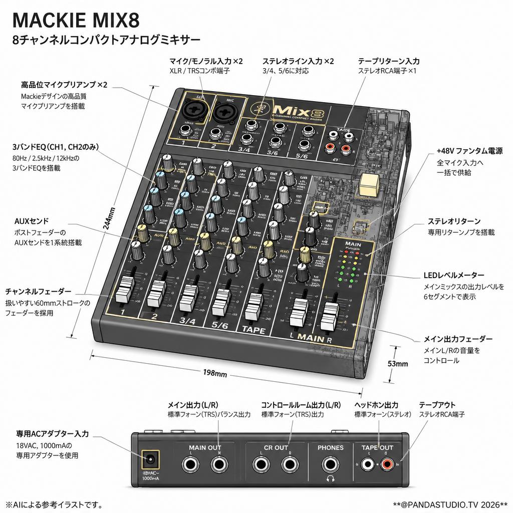 MACKIE MIX8 8チャンネルコンパクトアナログミキサー スペック