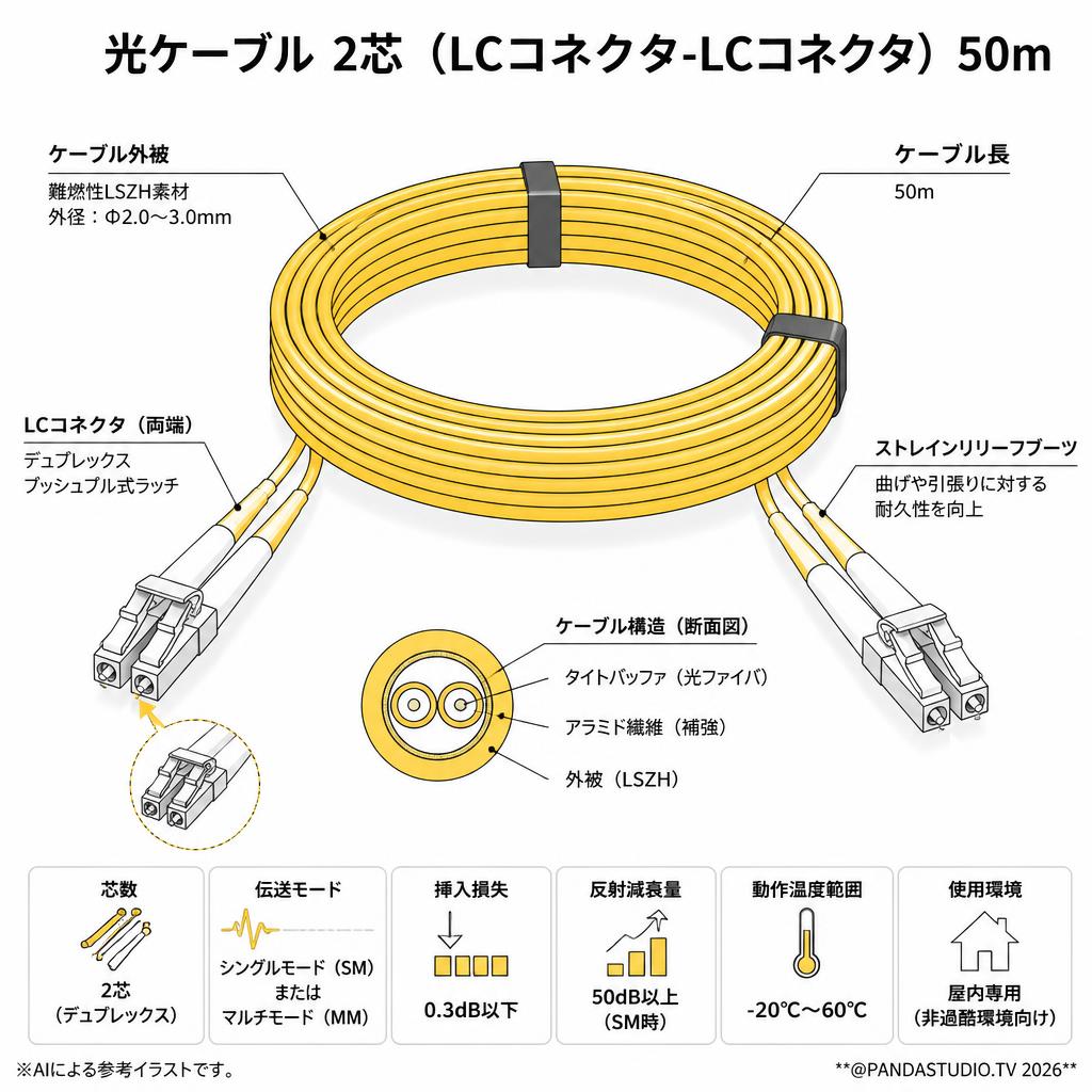 光ケーブル 2芯 （LCコネクタ-LCコネクタ） 50m スペック