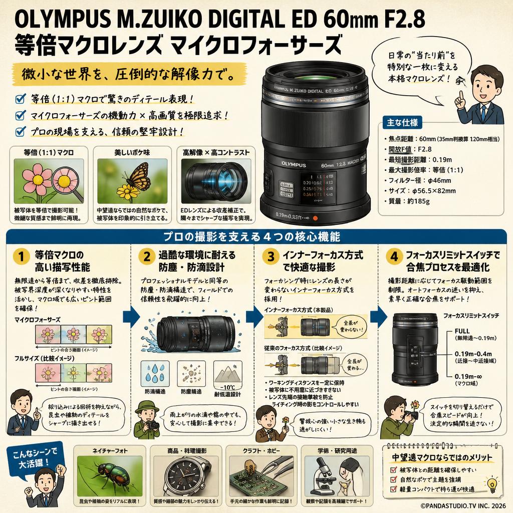 OLYMPUS M.ZUIKO DIGITAL ED 60mm F2.8 等倍マクロレンズ マイクロフォーサーズ 概要