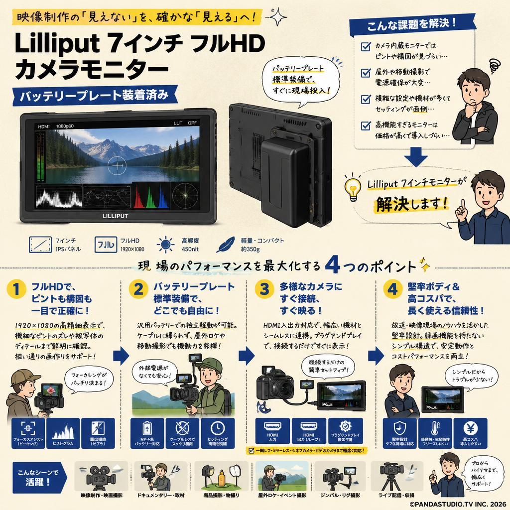 Lilliput 7インチ フルHDカメラモニター バッテリープレート装着済み 概要