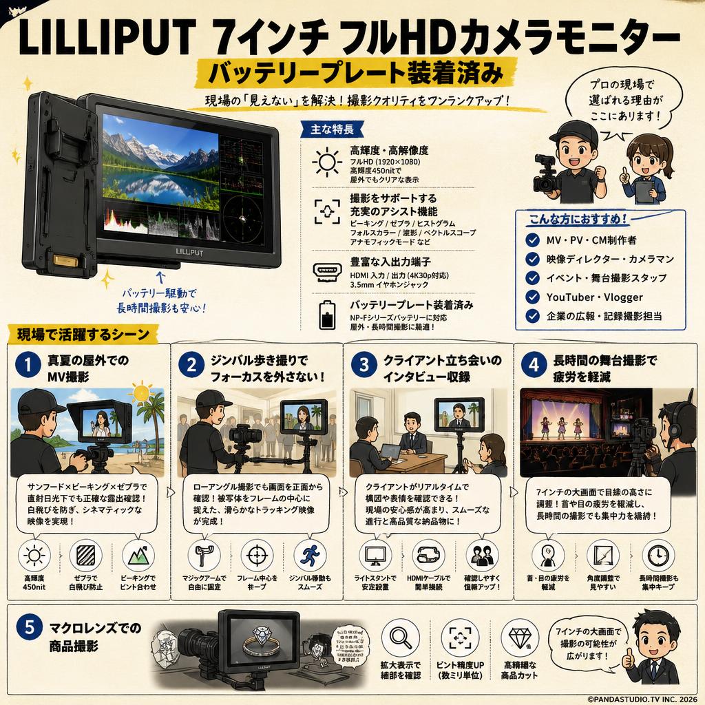 Lilliput 7インチ フルHDカメラモニター バッテリープレート装着済み 用途