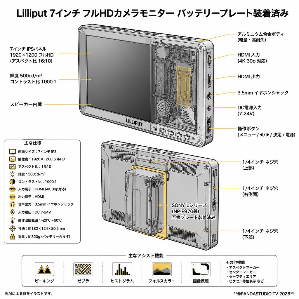 Lilliput 7インチ フルHDカメラモニター バッテリープレート装着済み スペック