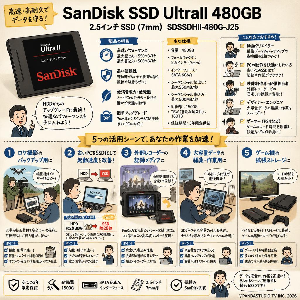 SanDisk SSD UltraII 480GB 2.5インチ SDSSDHII-480G-J25 用途