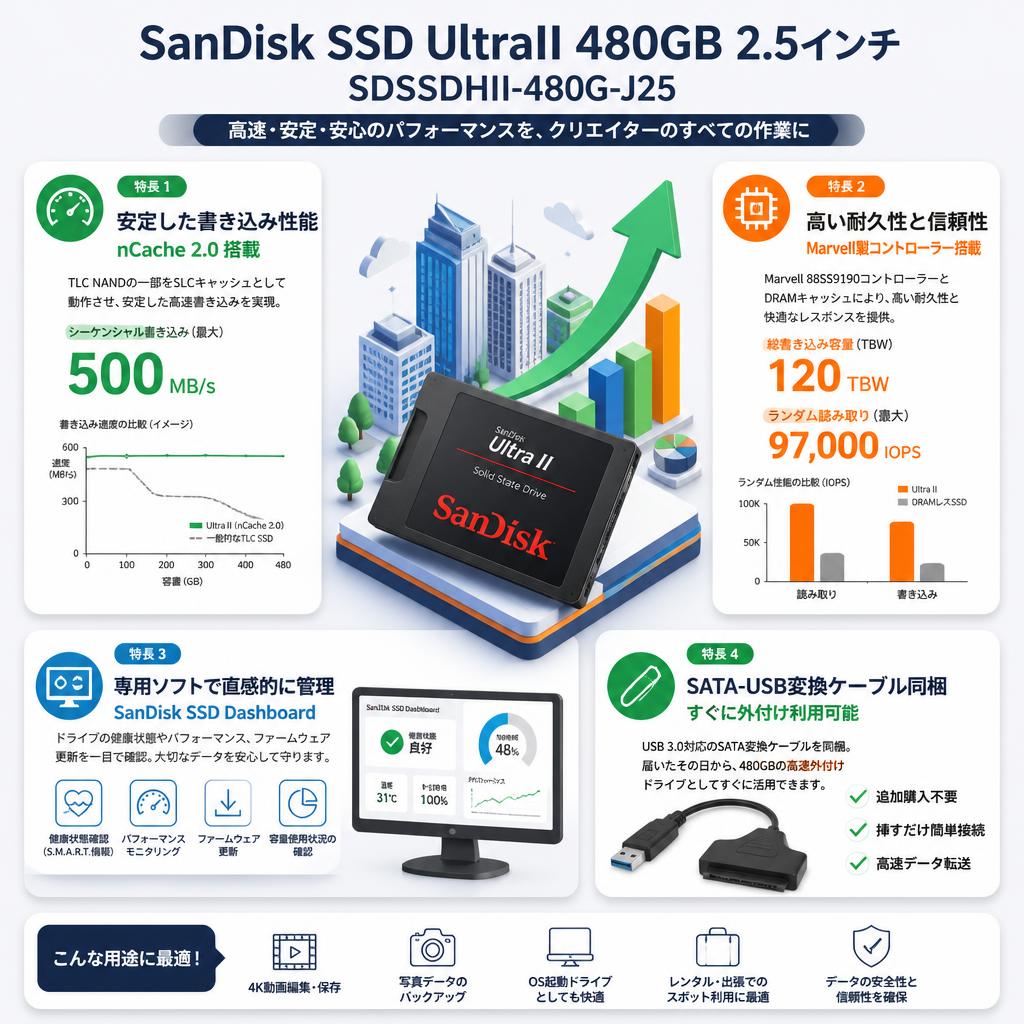 SanDisk SSD UltraII 480GB 2.5インチ SDSSDHII-480G-J25 セールスポイント