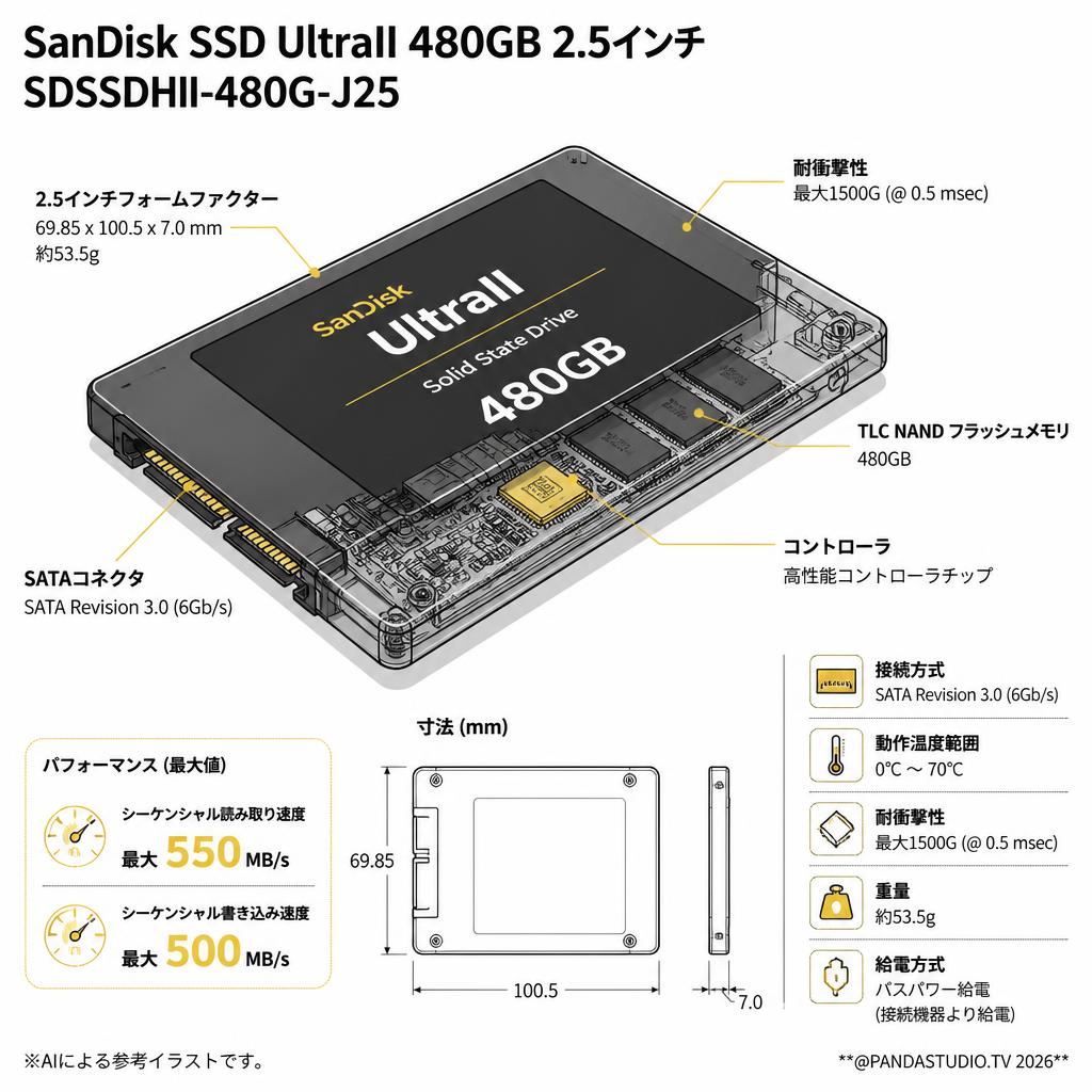 SanDisk SSD UltraII 480GB 2.5インチ SDSSDHII-480G-J25 スペック