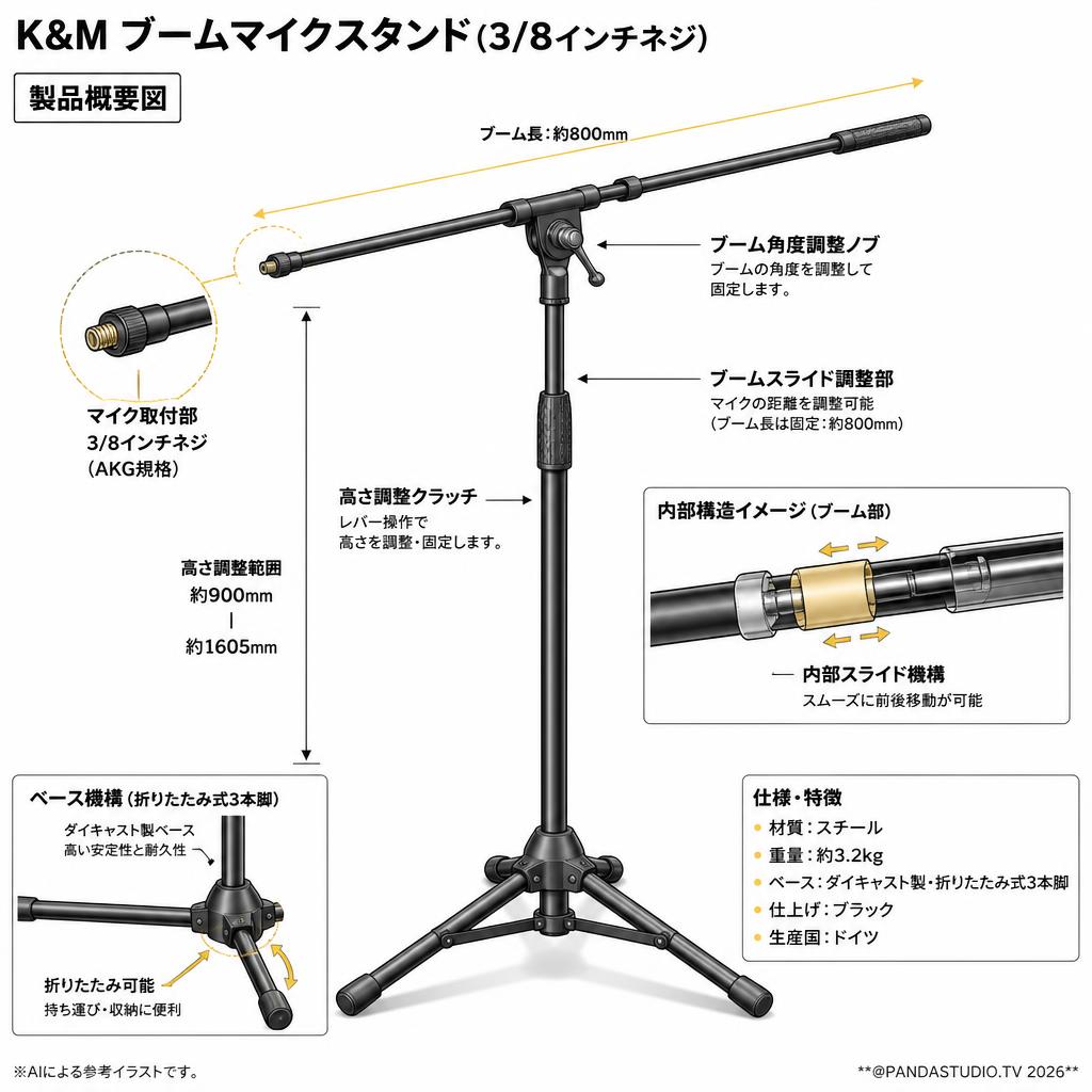 K&M ブームマイクスタンド(3/8インチネジ) スペック