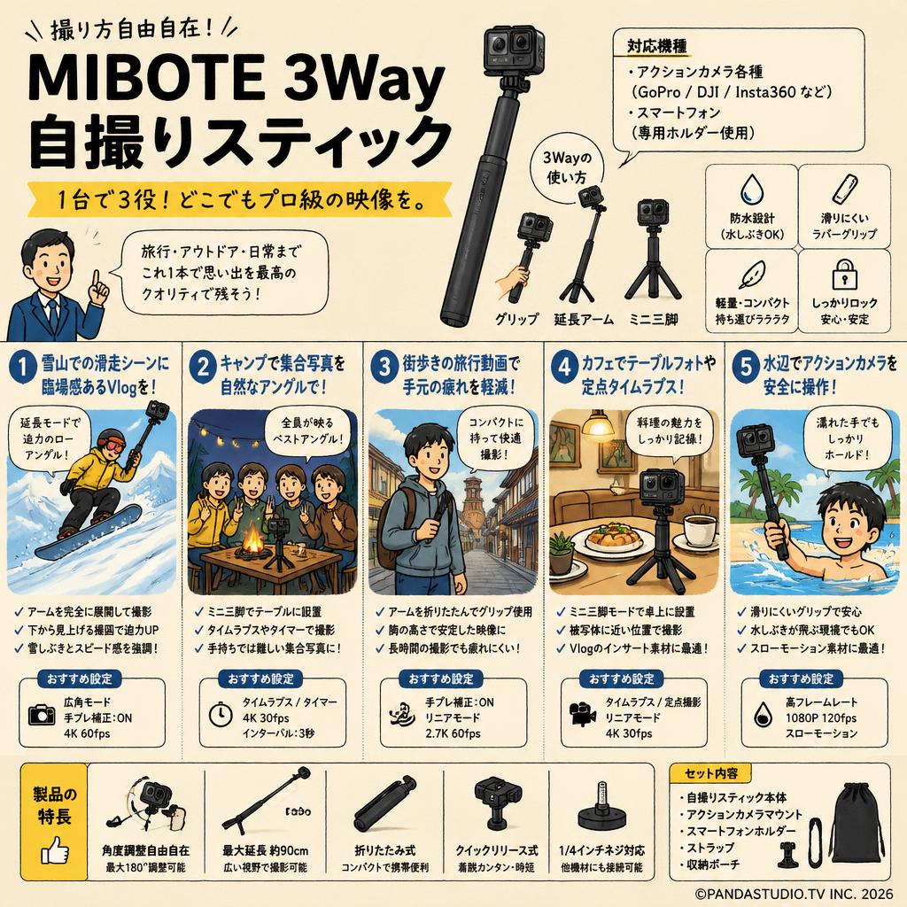 MIBOTE 3Way 自撮りスティック 用途