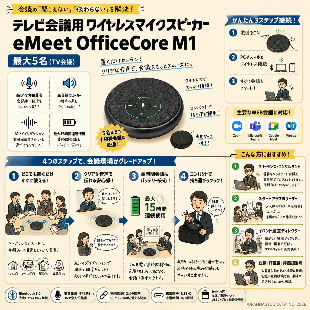 テレビ会議用ワイヤレスマイクスピーカー eMeet OfficeCore M1 最大5名（TV会議） おもな対象のお客様