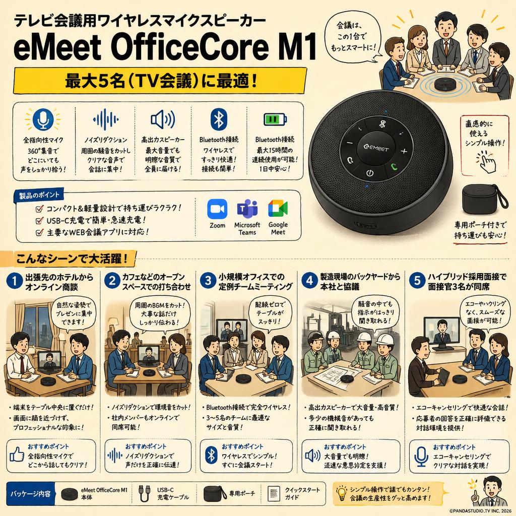 テレビ会議用ワイヤレスマイクスピーカー eMeet OfficeCore M1 最大5名（TV会議） 用途