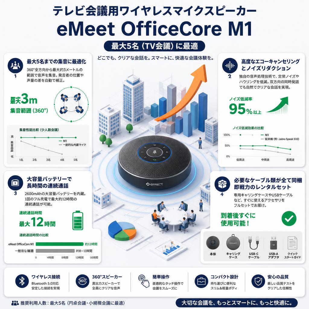 テレビ会議用ワイヤレスマイクスピーカー eMeet OfficeCore M1 最大5名（TV会議） セールスポイント