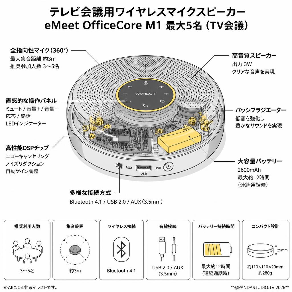 テレビ会議用ワイヤレスマイクスピーカー eMeet OfficeCore M1 最大5名（TV会議） スペック