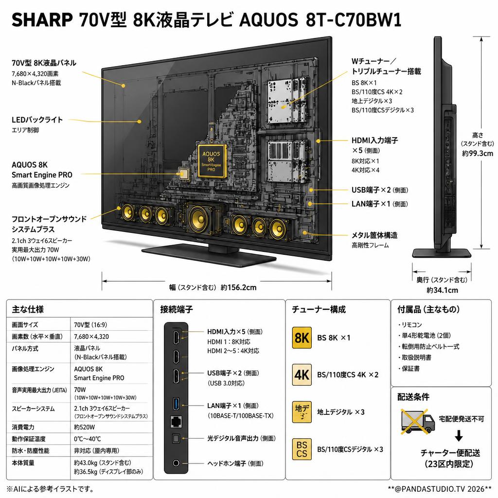 SHARP 70V型 8K液晶テレビ AQUOS【宅配便発送不可/チャーター便配送（23区内）】 8T-C70BW1 スペック