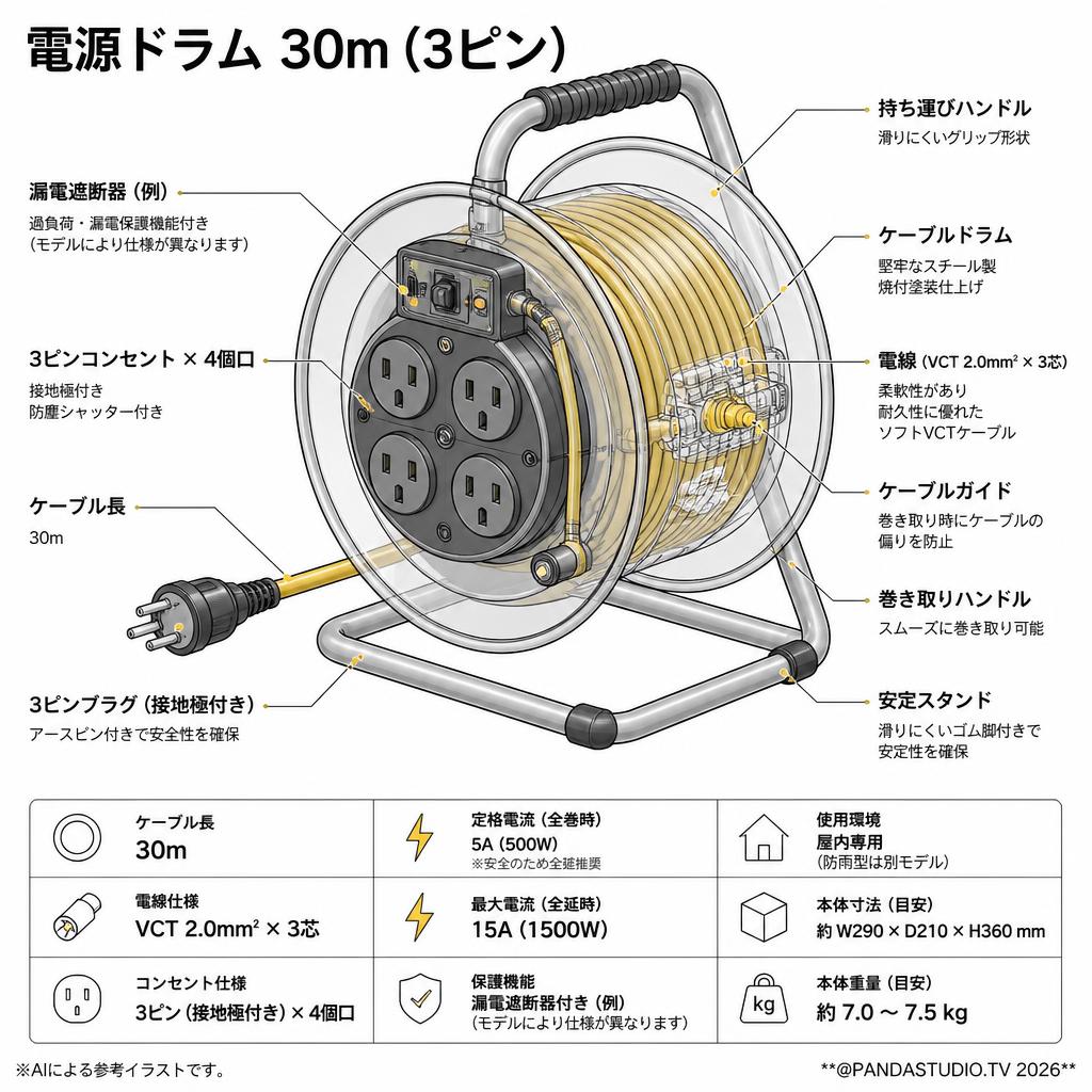 電源ドラム 30m（3ピン） スペック