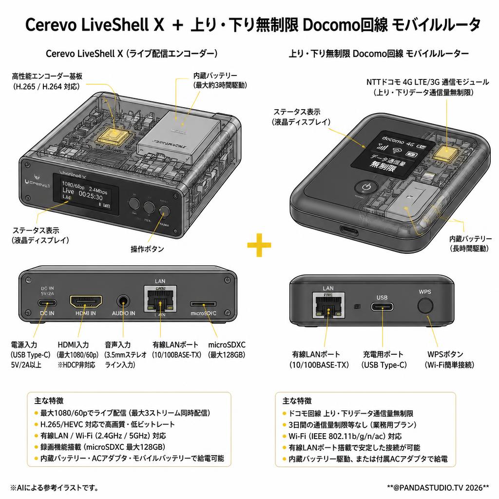 Cerevo LiveShell X ＋ 上り・下り無制限 Docomo回線 モバイルルータ スペック