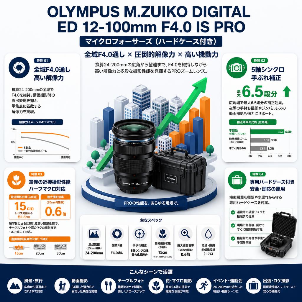 OLYMPUS M.ZUIKO DIGITAL ED 12-100mm F4.0 IS PRO マイクロフォーサーズ(ハードケース付き) セールスポイント