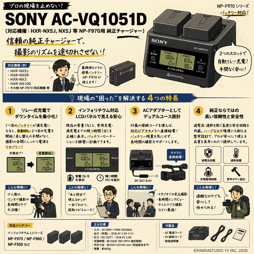 SONY AC-VQ1051D (対応機種：HXR-NX5J, NX5J 等 NP-F970用 純正チャージャー） 概要