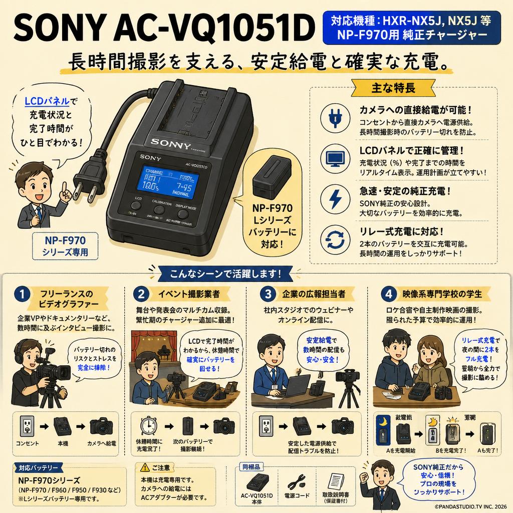 SONY AC-VQ1051D (対応機種：HXR-NX5J, NX5J 等 NP-F970用 純正チャージャー） おもな対象のお客様