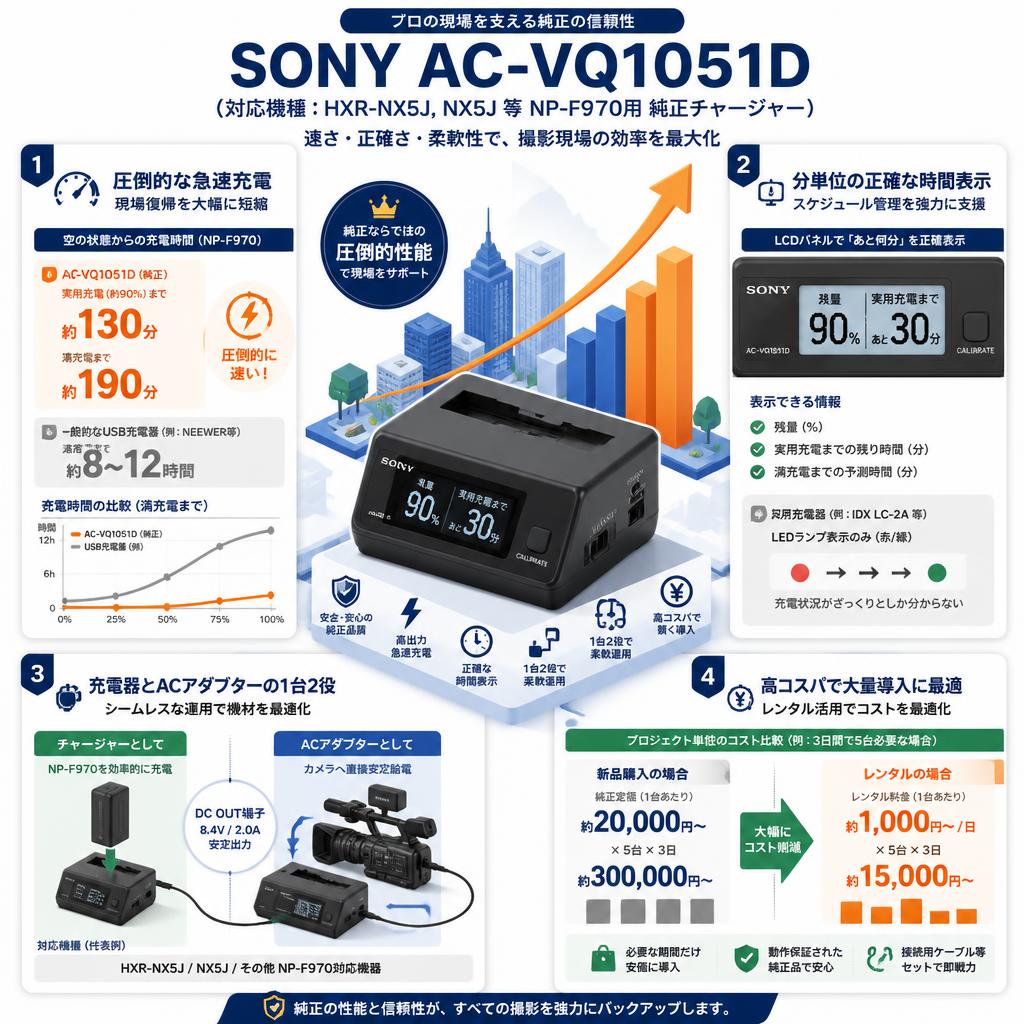 SONY AC-VQ1051D (対応機種：HXR-NX5J, NX5J 等 NP-F970用 純正チャージャー） セールスポイント