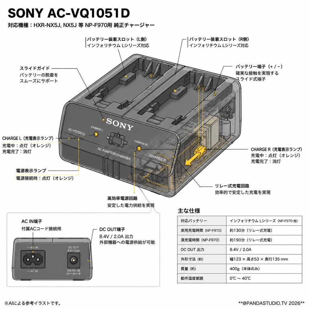 SONY AC-VQ1051D (対応機種：HXR-NX5J, NX5J 等 NP-F970用 純正チャージャー） スペック