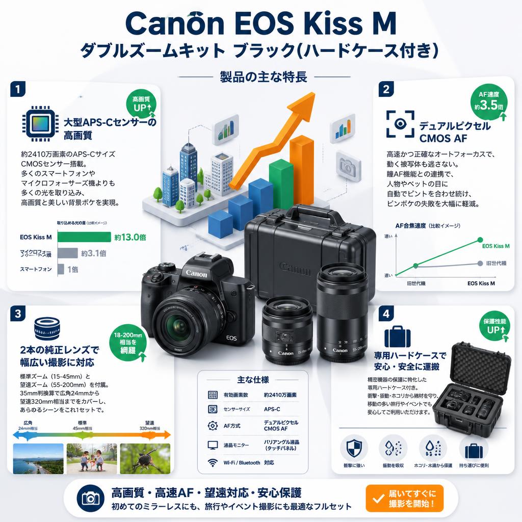 Canon EOS Kiss M ダブルズームキット ブラック(ハードケース付き） セールスポイント