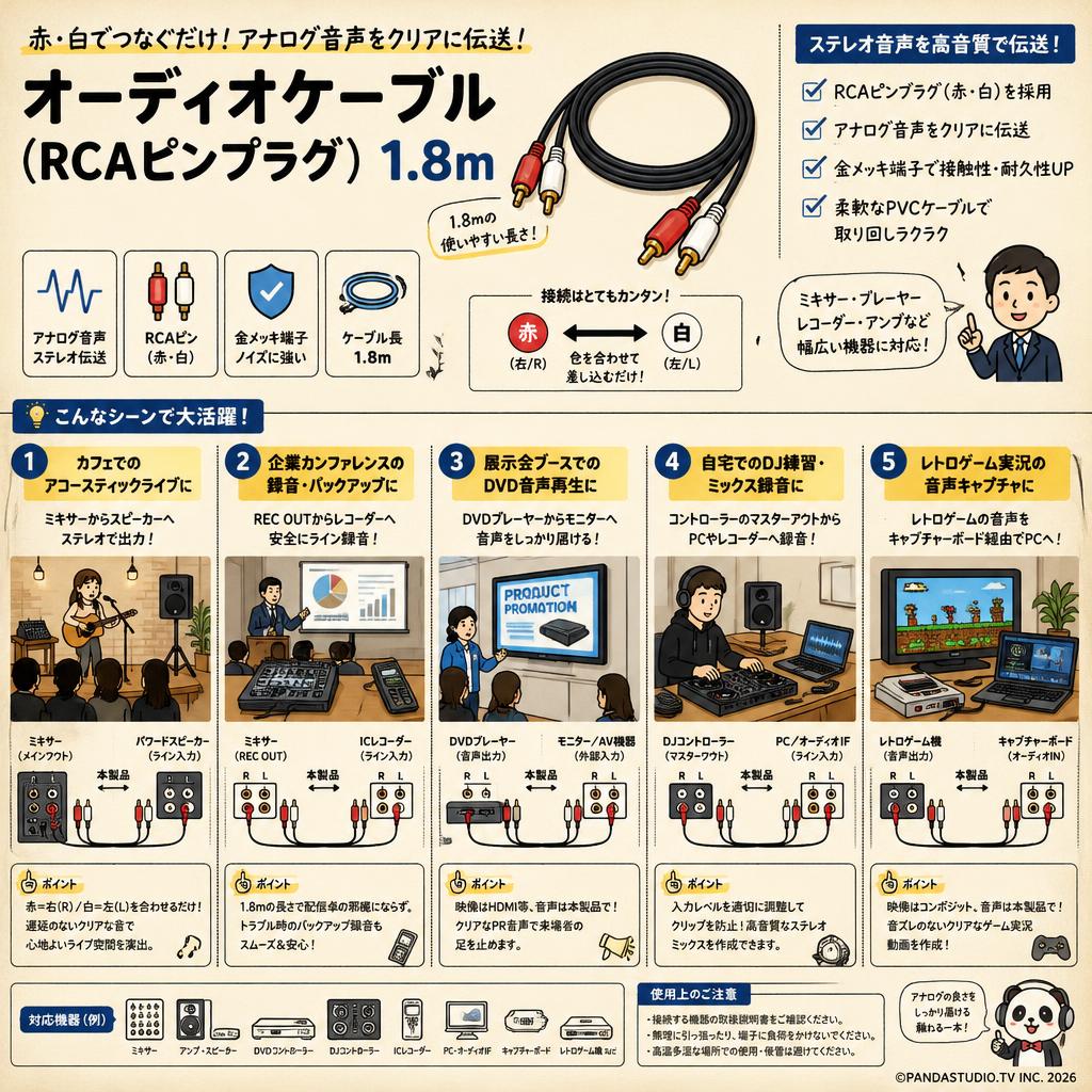 オーディオケーブル(RCAピンプラグ)　1.8m 用途