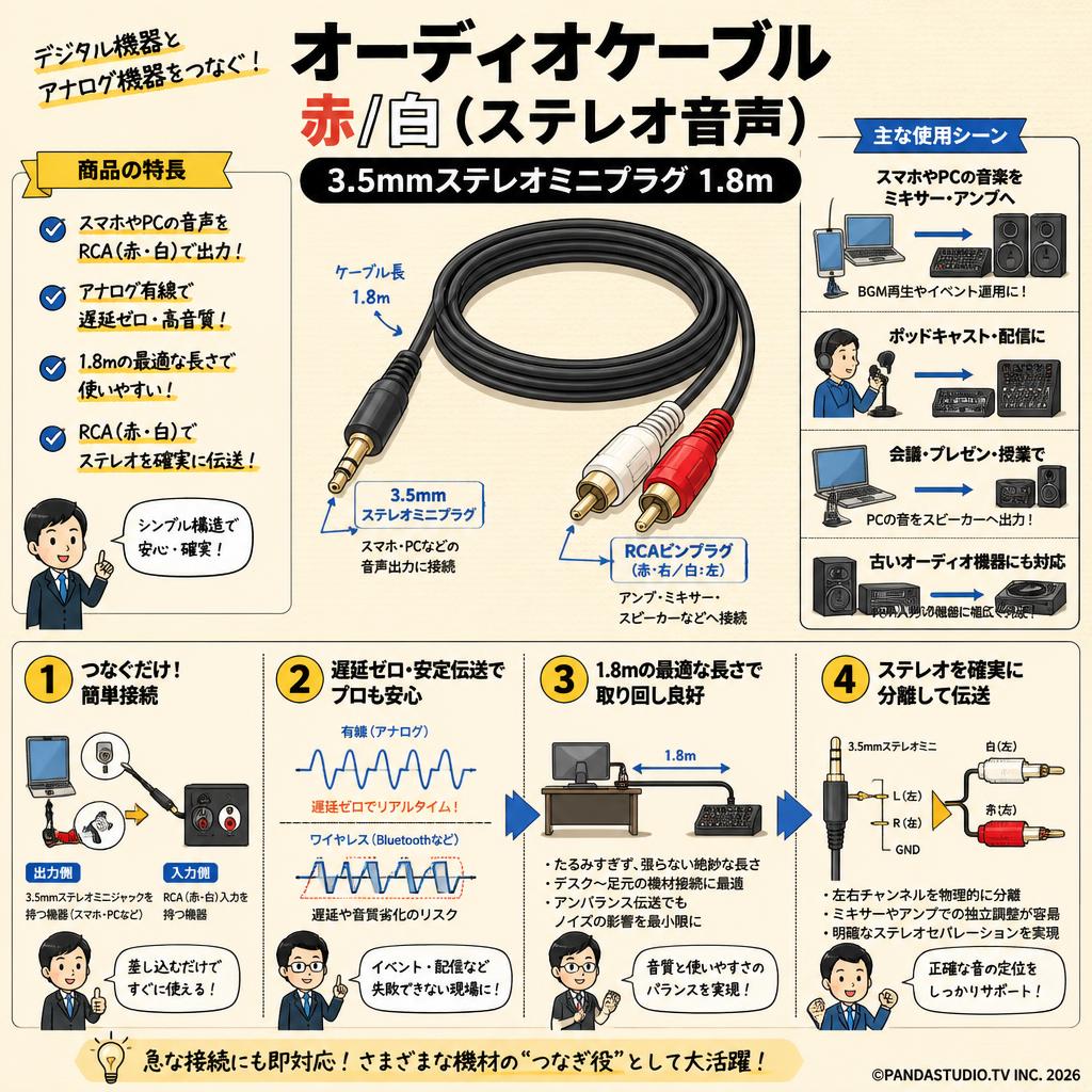 オーディオケーブル 赤/白(ステレオ音声) - 3.5mmステレオミニプラグ  1.8m 概要