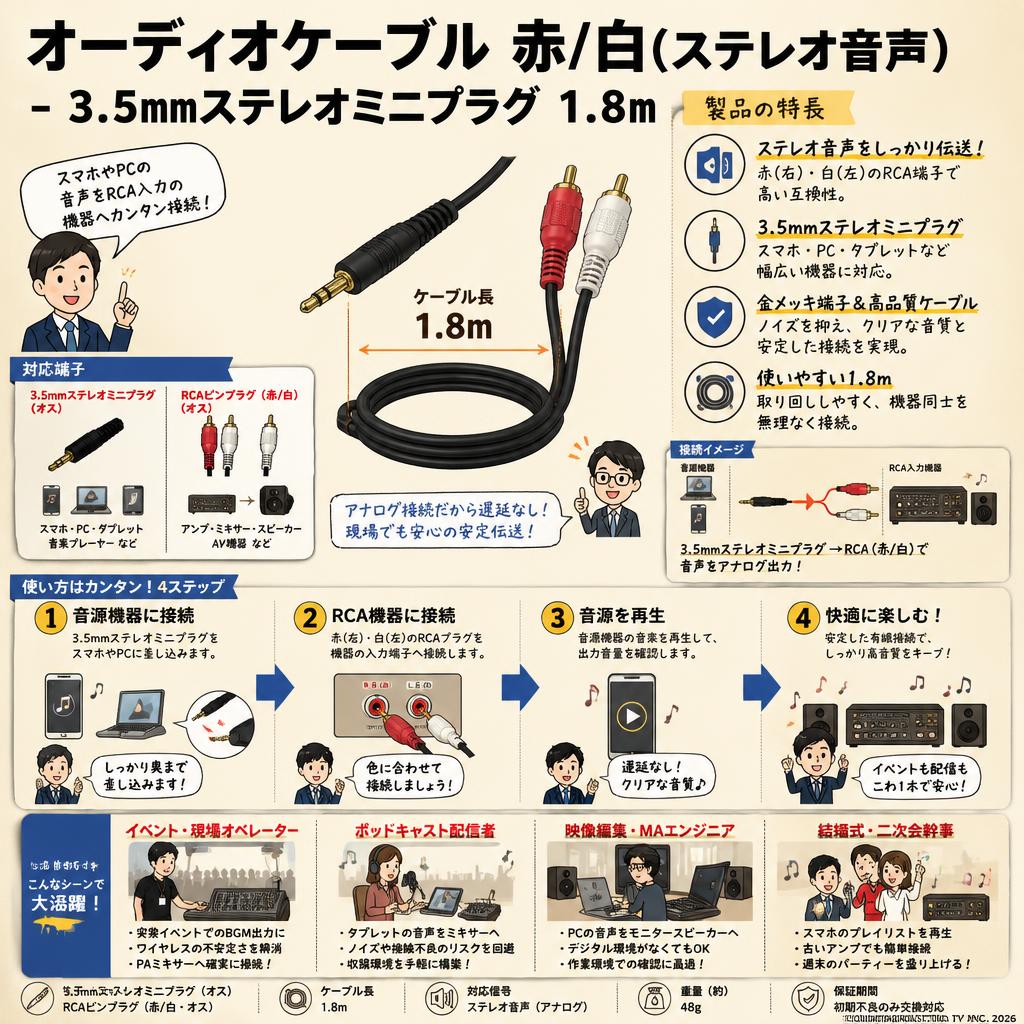 オーディオケーブル 赤/白(ステレオ音声) - 3.5mmステレオミニプラグ  1.8m おもな対象のお客様