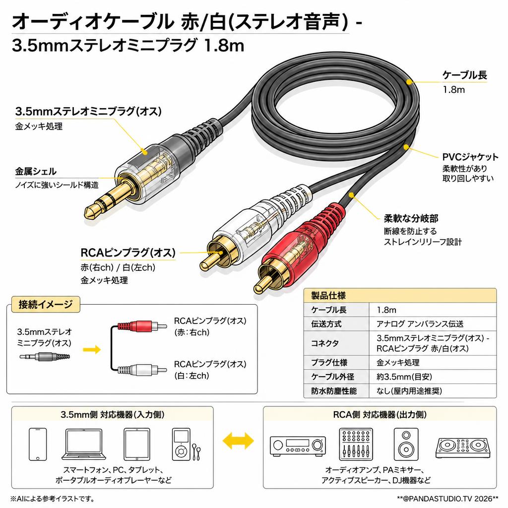 オーディオケーブル 赤/白(ステレオ音声) - 3.5mmステレオミニプラグ  1.8m スペック