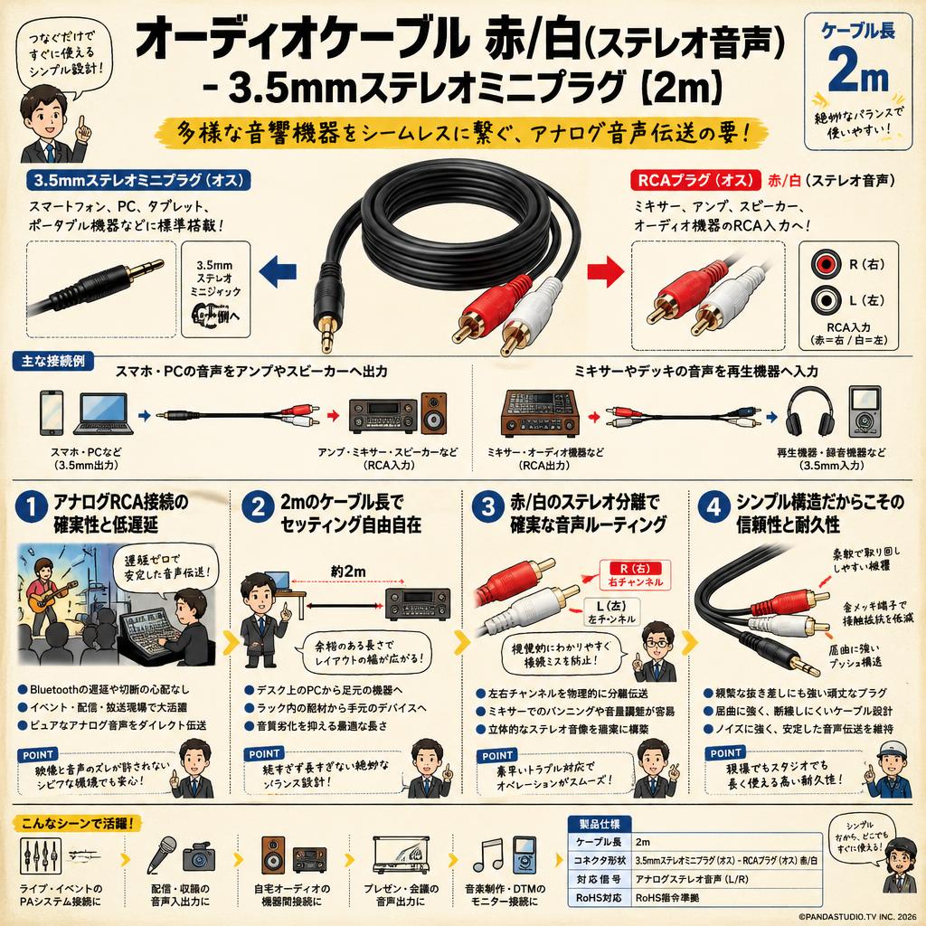 オーディオケーブル 赤/白(ステレオ音声) - 3.5mmステレオミニプラグ [2m] 概要