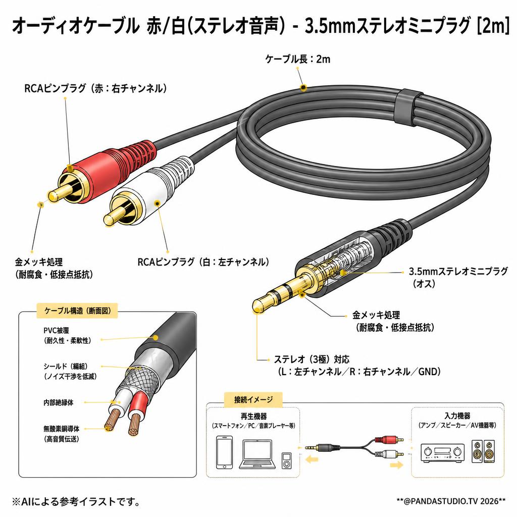 オーディオケーブル 赤/白(ステレオ音声) - 3.5mmステレオミニプラグ [2m] スペック