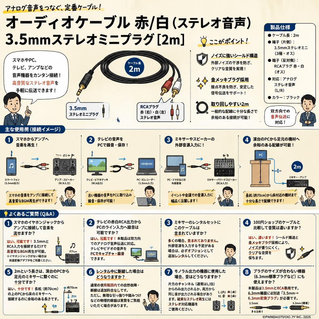 オーディオケーブル 赤/白(ステレオ音声) - 3.5mmステレオミニプラグ [2m] FAQ（よくある質問と答え）