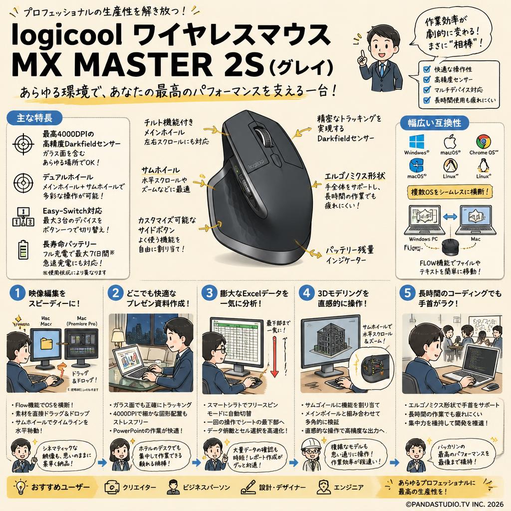 logicool ワイヤレスマウス MX MASTER 2S(グレイ) 用途