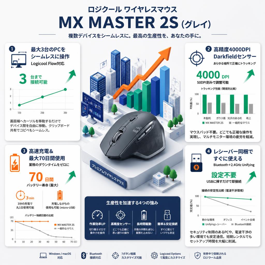 logicool ワイヤレスマウス MX MASTER 2S(グレイ) セールスポイント