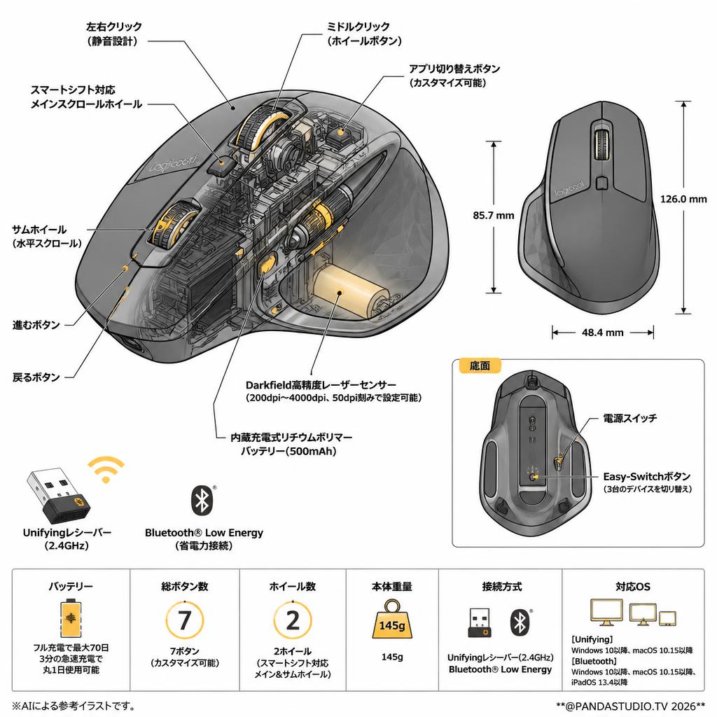 logicool ワイヤレスマウス MX MASTER 2S(グレイ) スペック