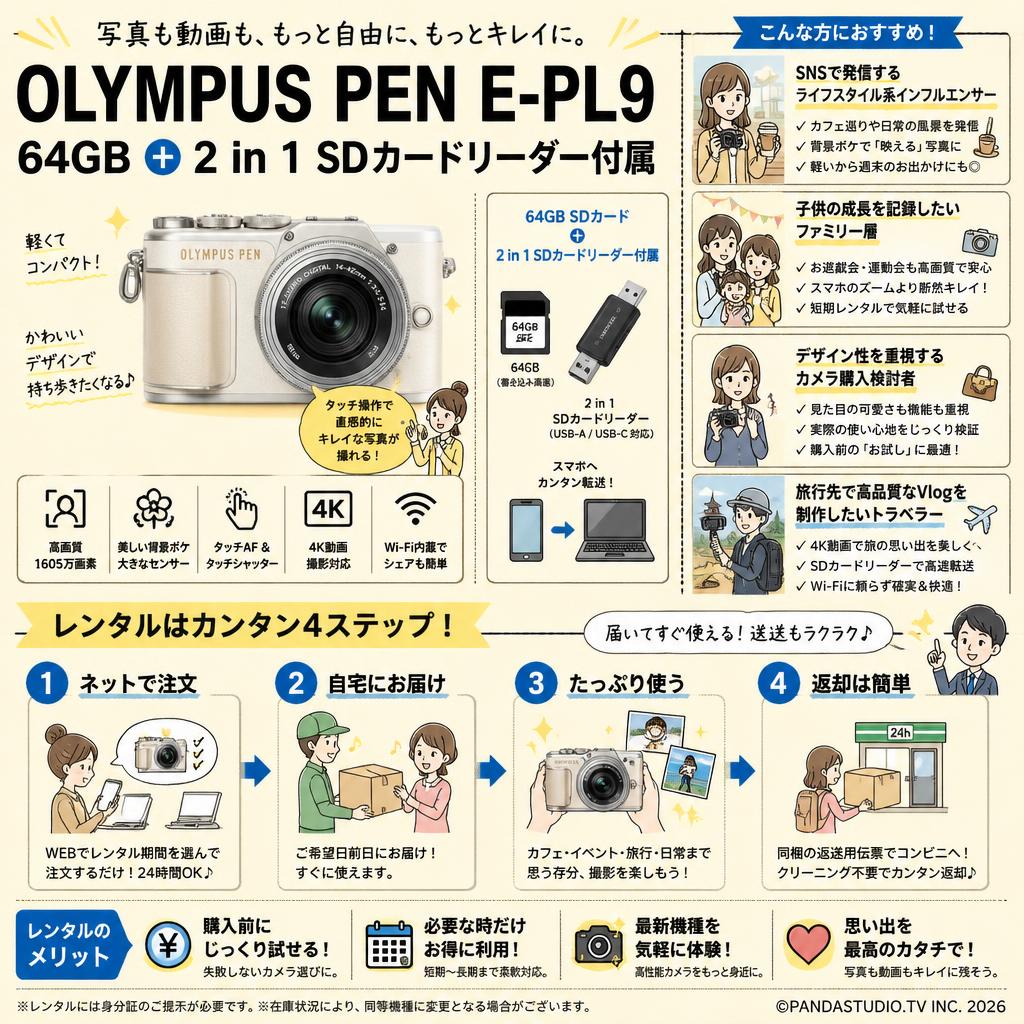 OLYMPUS PEN E-PL9 64GB ＋ 2 in 1 SDカードリーダー付属 おもな対象のお客様