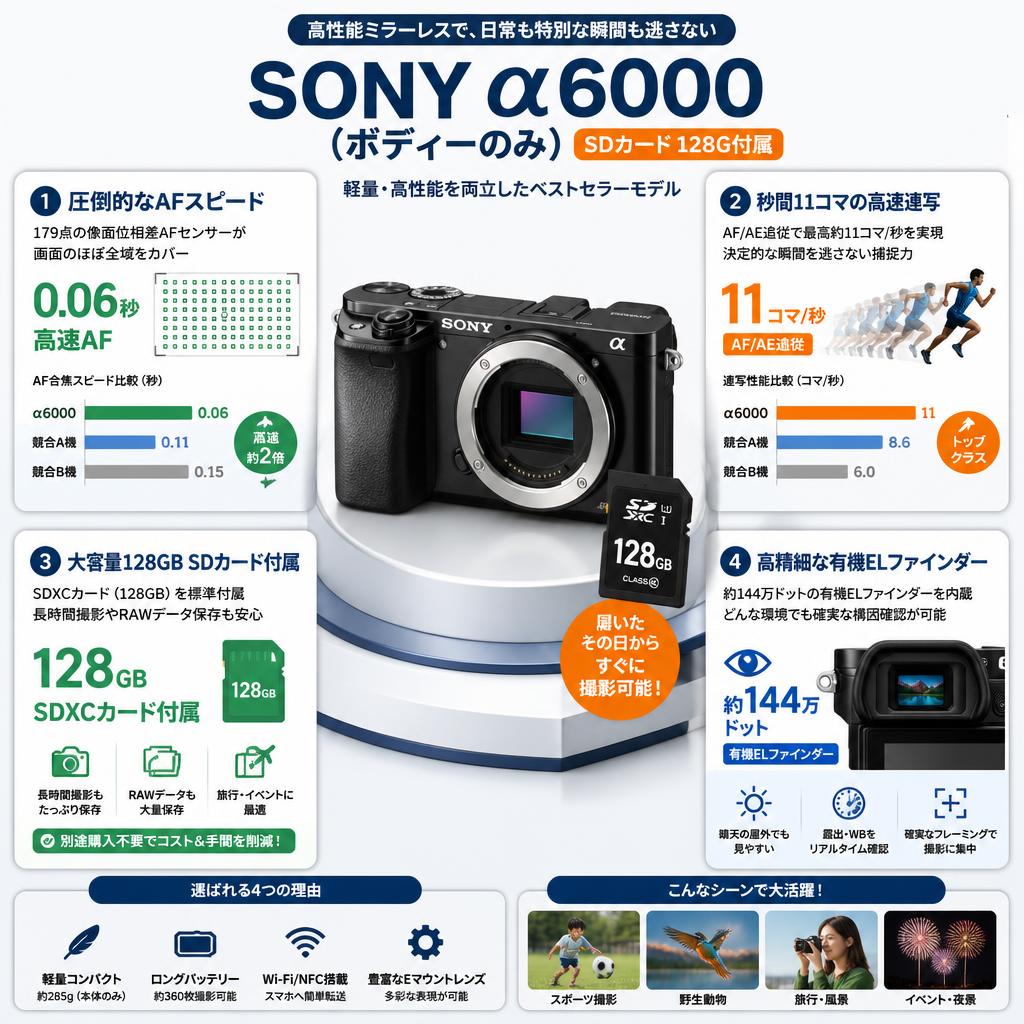 SONY α6000 （ボディーのみ）SDカード 128G付属 セールスポイント