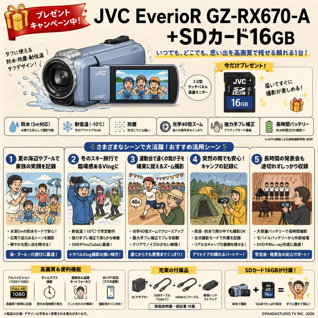 【プレゼントキャンペーン中】JVC EverioR GZ-RX670-A  +SDカード16GB 用途