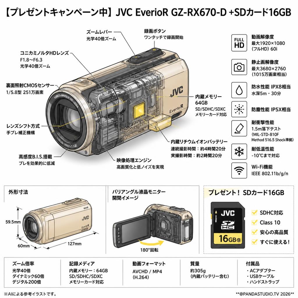 【プレゼントキャンペーン中】JVC EverioR GZ-RX670-D +SDカード16GB スペック