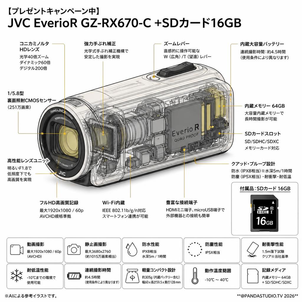 【プレゼントキャンペーン中】JVC EverioR GZ-RX670-C +SDカード16GB スペック
