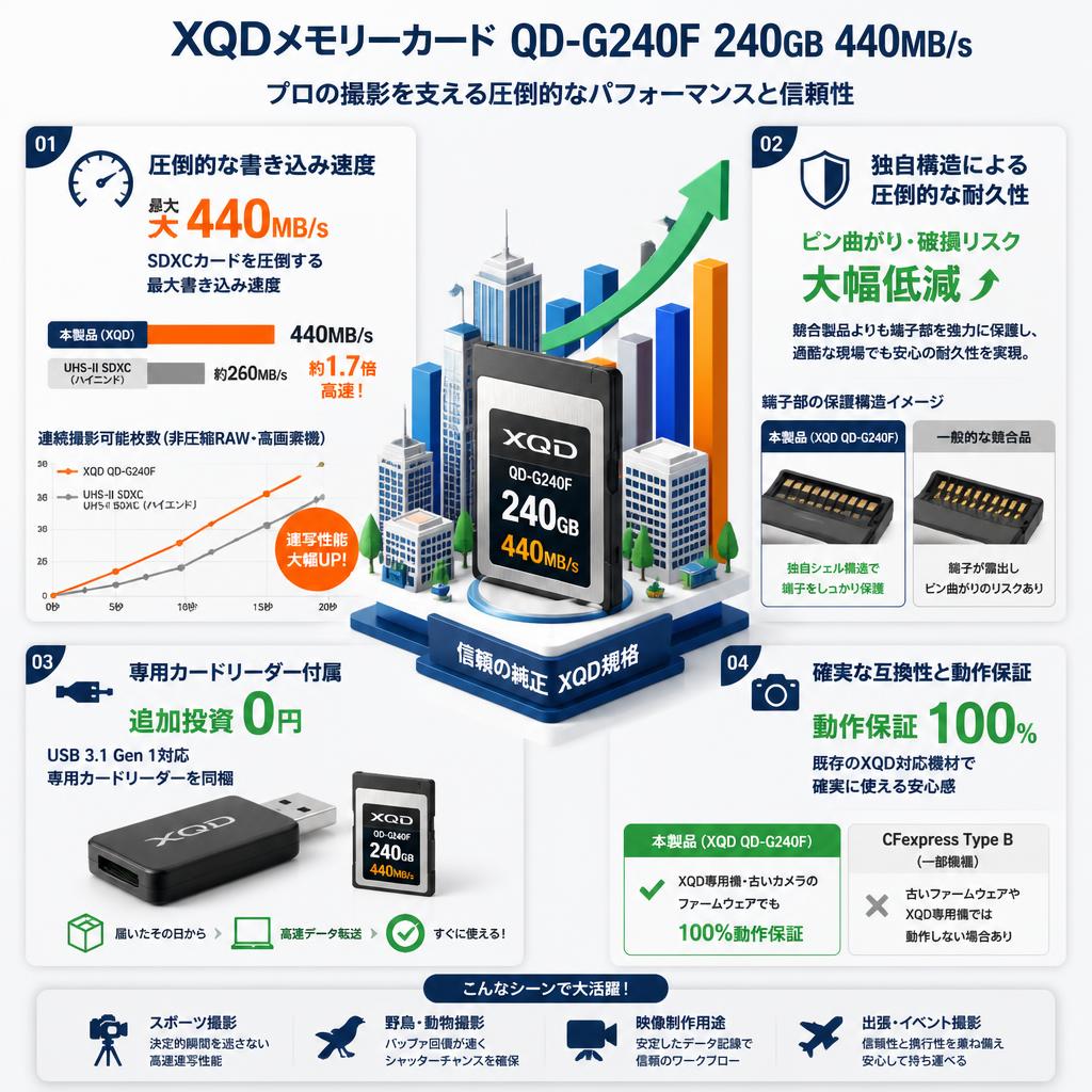 XQDメモリーカード QD-G240F 240GB 440MB/s セールスポイント