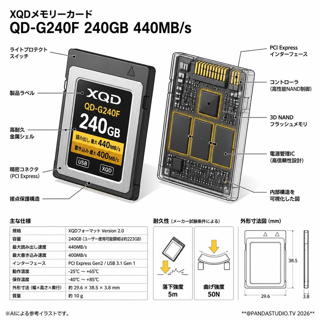 XQDメモリーカード QD-G240F 240GB 440MB/s スペック