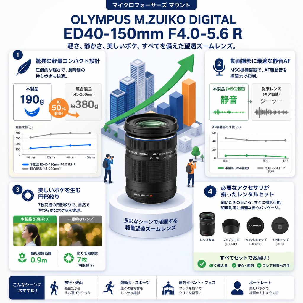 OLYMPUS M.ZUIKO DIGITAL ED40-150mm F4.0-5.6 Rマイクロフォーサーズ マウント セールスポイント