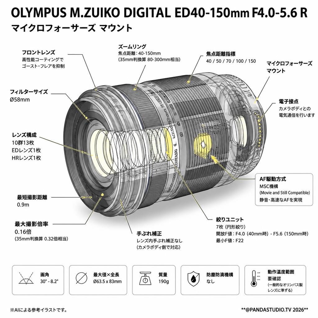 OLYMPUS M.ZUIKO DIGITAL ED40-150mm F4.0-5.6 Rマイクロフォーサーズ マウント スペック