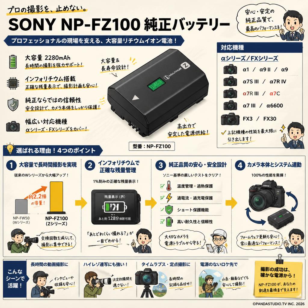 SONY NP-FZ100 純正バッテリー（対応機種：α1、α9 II、α9、α7S III、α7R IV、α7R III、α7C、α7 III、α6600、FX3、FX30用バッテリー） 概要